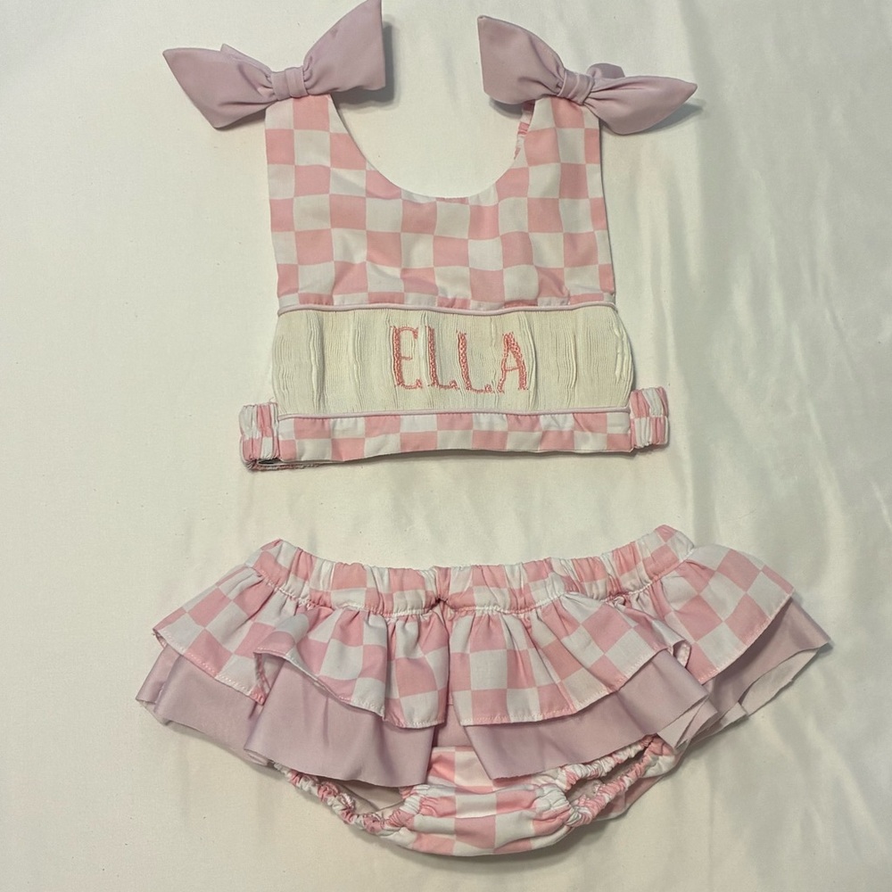 ‘Ella’ Pink Check Girls' Swim Bikini Set with Ruffle Bottom
